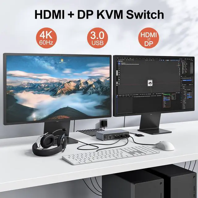 Alt view image 10 of 14 - HDMI DP USB 3.0 KVM Switch with Audio and Microphone Ports-2 Monitors to 2 Computers Dual Mode Switching 4K@60Hz 3 USB A 5Gbps,Includes 2 USB-B Cables,DC 5V Power Adapter and Desktop Controller