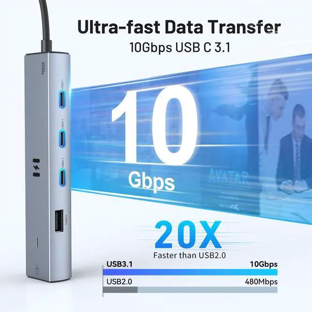 Alt view image 11 of 13 - 10Gbps USB C Hub Multiport Adapter, Ethernet Adapter with 4K@60Hz HDMI, Gigabit Ethernet, 3 USB C Ports, 100W PD, USBC Dongle for MacBook Pro Air, iPad, HP, Dell, etc
