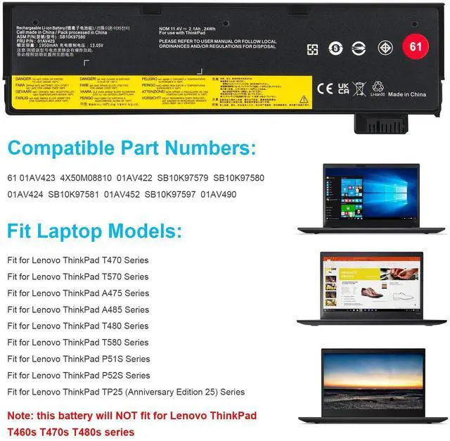 Alt view image 12 of 14 - 01AV423 01AV452 Laptop Battery Replacement for Lenovo ThinkPad T570 T580 T470 T480 P51S P52S TP25 A475 A485 01AV422 01AV424 01AV490 4X50M08810 SB10K97579 SB10K97580 SB10K97597 SB10K97581 - 11.4V 24Wh