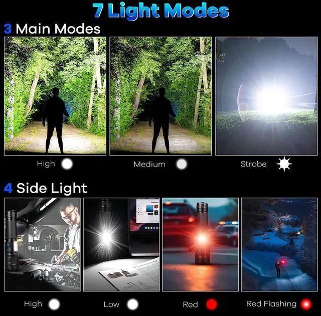 Alt view image 12 of 13 - Rechargeable Flashlights 90,000 High Lumens - 2 Pack, Super Bright Flash Light with 7 Lighting Modes, 24H Long Life Powerful Flashlight with Side Light, IPX7 Waterproof Flashlight for Camping Home