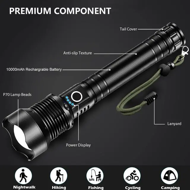 Alt view image 10 of 14 - Rechargeable LED Flashlights High Lumens, 90,000 Lumens Super Bright Flashlight with 5 Modes & Waterproof, Powerful Handheld Flashlight for Camping Emergencies