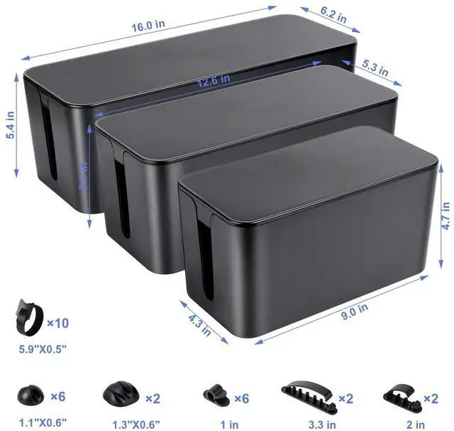 Alt view image 9 of 14 - Cable Organizer Box Set of Three, Power Cover Cord Holder Surge Protector for Desk (Black)