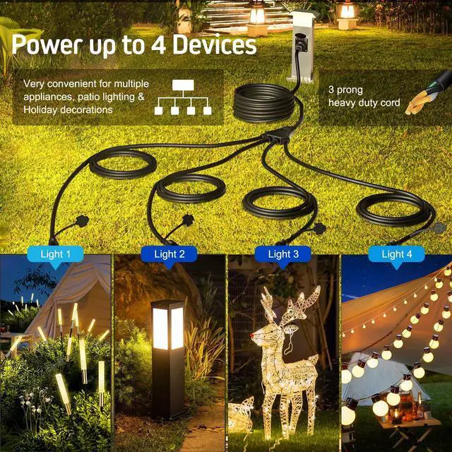 Alt view image 10 of 14 - Black 1 to 4 Splitter Extension Cord (Combined 31 FT, End to End 13 FT), 3 Prong Plug with 4 Extended Outlets, with Weatherproof Covers for Indoor and Outdoor