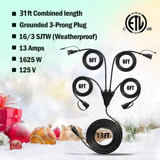Alt view image 9 of 14 - Black 1 to 4 Splitter Extension Cord (Combined 31 FT, End to End 13 FT), 3 Prong Plug with 4 Extended Outlets, with Weatherproof Covers for Indoor and Outdoor