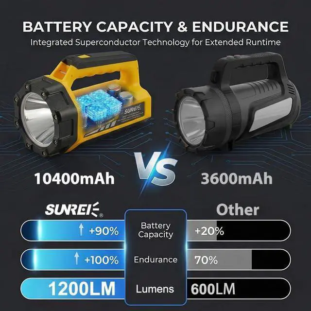 Alt view image 9 of 14 - Rechargeable LED 1500LM Flashlight, 8 Light Modes Portable Camping Lantern, 10400mAh Power Bank, IP67 Waterproof for Emergencies Power Outages, Hurricane Emergency, Hiking, Home, etc