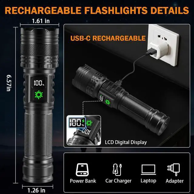 Alt view image 10 of 14 - 3Pack Rechargeable Flashlights High Lumens 9900FL, LED Flashlight Rechargeable with LCD Digital Display, 5Modes Adjustable Flash Light, Super Bright Flashlight Powerful, Tactical Flashlights for Home
