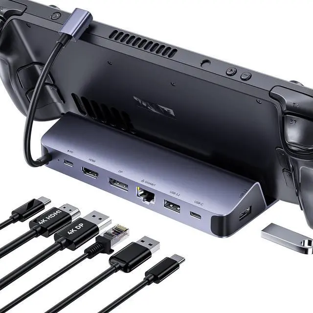 Alt view image 8 of 14 - Steam Deck Dock Dual Monitor, 7 in 1 Steam Deck Docking Staion wtih HDMI 2.0 & DisplayPort 1.4 4K60Hz, 2*USB-A & USB-C 5Gbps, 1000Mb Gigabit, 100W Charging, Steam Deck Accessories