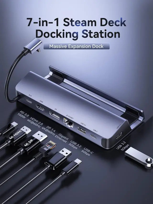Alt view image 9 of 14 - Steam Deck Dock Dual Monitor, 7 in 1 Steam Deck Docking Staion wtih HDMI 2.0 & DisplayPort 1.4 4K60Hz, 2*USB-A & USB-C 5Gbps, 1000Mb Gigabit, 100W Charging, Steam Deck Accessories