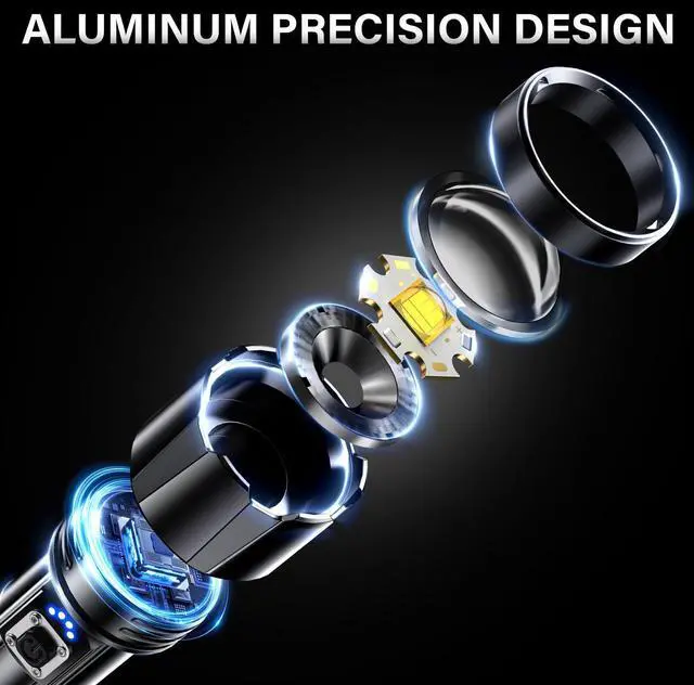 Alt view image 9 of 19 - Rechargeable LED Flashlight 99000 High Lumens, Super Bright Flashlights with Zoomable & USB C Rechargeable & 5 Light Mode & IPX-7 Waterproof, Powerful Flash Light for Home, Hiking, Camping