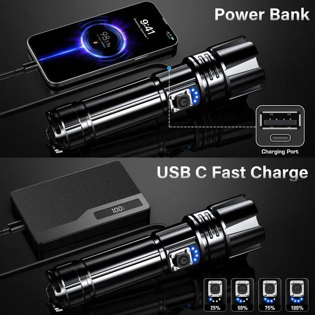 Alt view image 11 of 19 - Rechargeable LED Flashlight 99000 High Lumens, Super Bright Flashlights with Zoomable & USB C Rechargeable & 5 Light Mode & IPX-7 Waterproof, Powerful Flash Light for Home, Hiking, Camping