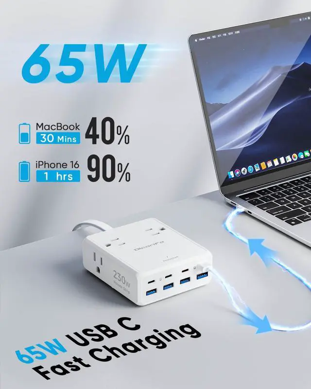 Alt view image 8 of 12 - 230W USB Power Strip, Ultra Thin Flat Plug Extension Cord 5FT, 4 AC Outlets 8 USB Ports(4 USB-C&4 USB A), 2000J Surge Protector, Home Office Dorm Travel Essentials