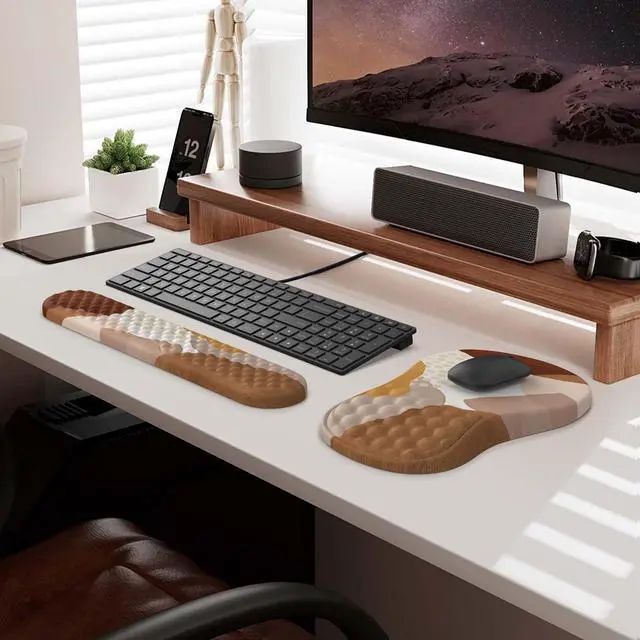 Alt view image 13 of 14 - Ergonomic Mouse Pad with Wrist Support and Keyboard Pad Set, 3 PCS Computer Carpal Tunnel Mouse Pads for Desk with Coaster, Memory Foam Mousepad for Home Office, Brown Boho