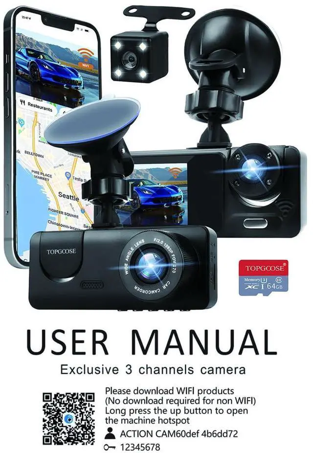 Alt view image 11 of 14 - 3 Channel Dash Cam WiFi FHD 1080P Car Camera, Front Dash Camera for Cars with 64GB Card, Mini Dashcams for Cars with Night Vision, 24 Hours Parking Mode, WDR, Loop Recording, G-Sensor, APP