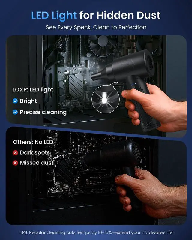 Alt view image 11 of 14 - Electric Air Duster 150000RPM Powerful Compressed Air Duster with LED Light, 3 Gears, 7500mAh Battery & Fast Charging, Rechargeable Air Blower for Computer, Keyboard, PC, Car, House & Outdoor