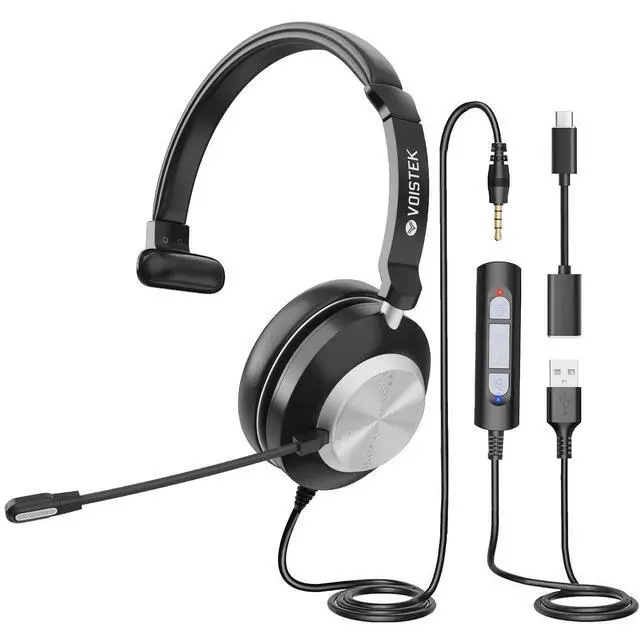Alt view image 8 of 11 - USB Headset with Microphone for PC, Wired Work Headset (One Ear) Computer Headphones with Noise Cancelling Mic, Mute, Volume Controls for Office Call Center Home Work Skype Zoom Team Meetings
