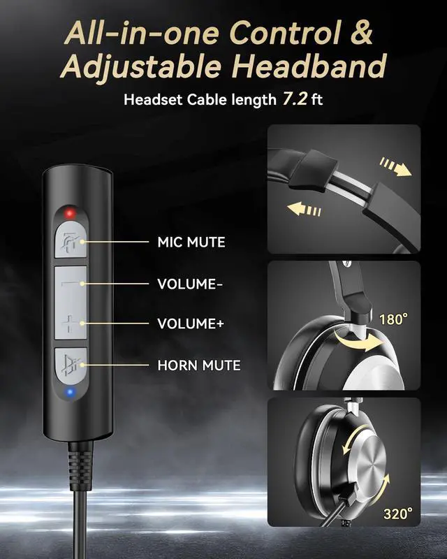 Alt view image 10 of 11 - USB Headset with Microphone for PC, Wired Work Headset (One Ear) Computer Headphones with Noise Cancelling Mic, Mute, Volume Controls for Office Call Center Home Work Skype Zoom Team Meetings