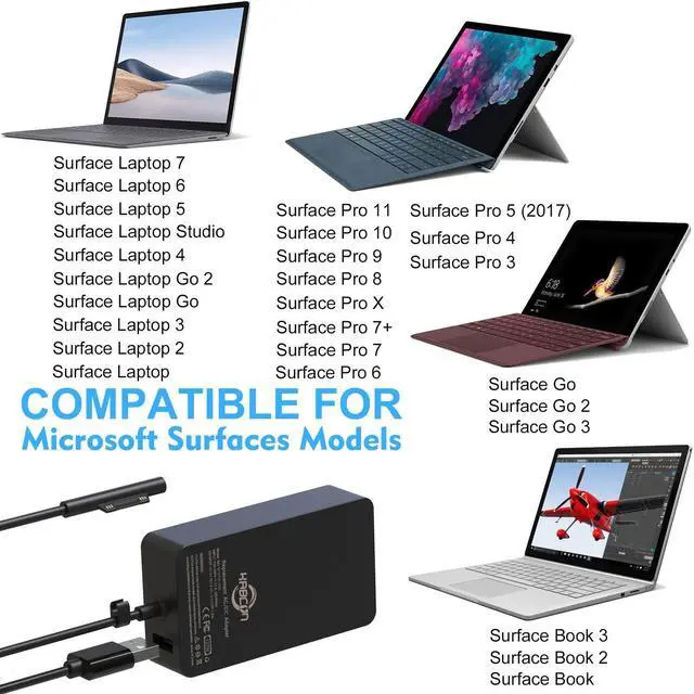 Alt view image 10 of 14 - 127W Charger for Microsoft Surface Book 3 2 1, Surface Laptop 7 6 5 Go2 Studio Go 4 3 2 1, Surface Pro 11 10 9 8 7+ X 7 6 5 4 3, Surface Go 3 2 1, 11.2FT Cord&Carry Bag