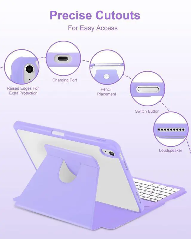 Alt view image 11 of 14 - Case with Keyboard Mouse for iPad A16 11th 10th Generation 11/10.9 inch,Rainbow Backlit Detachable Keypad Rotatable Magnetic Cover with Pencil Holder for iPad 11 2025 10 Gen 2022 Purple