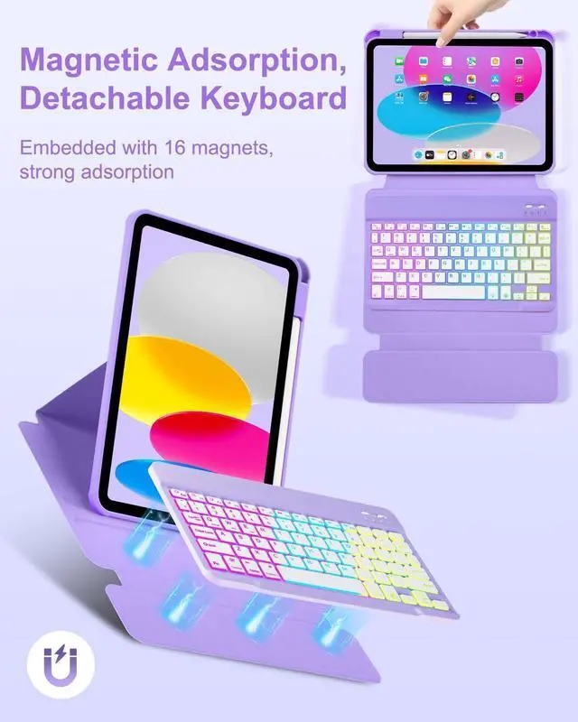 Alt view image 9 of 14 - Case with Keyboard Mouse for iPad A16 11th 10th Generation 11/10.9 inch,Rainbow Backlit Detachable Keypad Rotatable Magnetic Cover with Pencil Holder for iPad 11 2025 10 Gen 2022 Purple