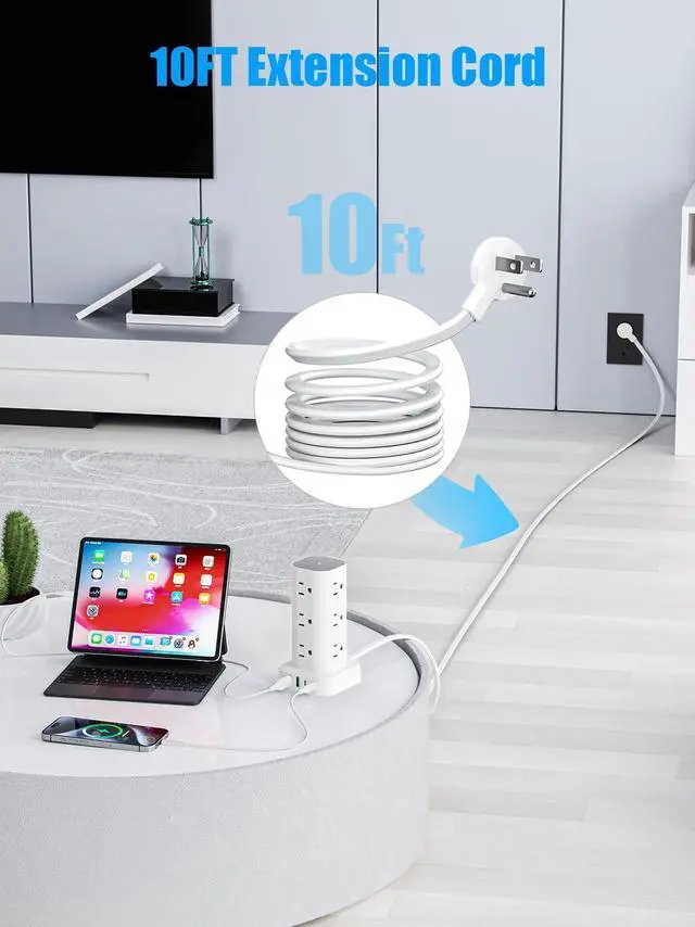 Alt view image 13 of 14 - Flat Plug Power Strip Tower Surge Protector, 10FT Flat Extension Cord with Multiple Outlets, 12 AC Outlets, 4 USB Ports (2 USB C) Charging Station for Office Home Dorm Room Travel (White)