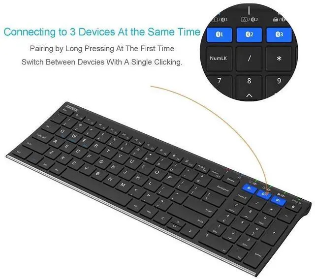 Alt view image 9 of 14 - HB193 Universal Bluetooth Keyboard Multi-Device Stainless Steel Full Size Wireless Keyboard for Windows, iOS, Android, Computer Desktop Laptop Surface Tablet Smartphone Rechargeable Battery