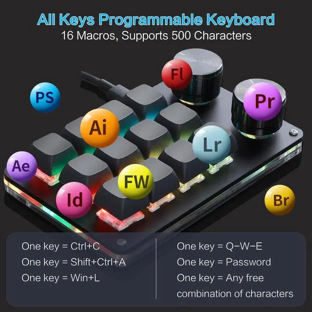 Alt view image 9 of 14 - Macro Programmable Keypad, One Handed Programmable Mechanical Keyboard, RGB Blue Switch Hot Swappable, 12 Keys 2 Knob Backlit Keypad for Working and Gaming, Black