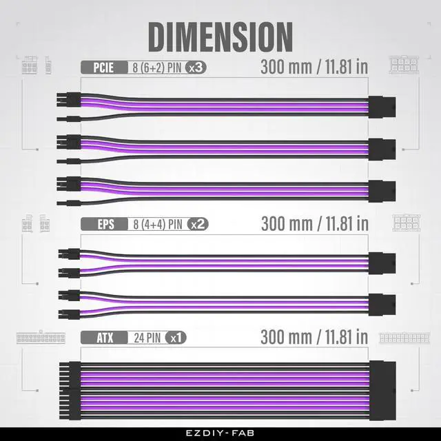 Alt view image 9 of 14 - PSU Cable Extension Kit,16AWG Power Supply Extension Cable,1x24Pin/2x4+4 EPS/3x6+2 PCI-E,Custom PC Sleeve Cable 300MM with Combs-Black Purple