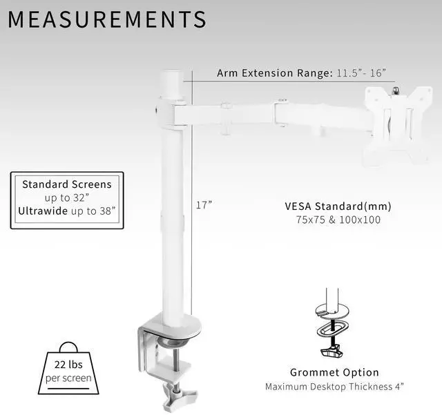 Alt view image 13 of 14 - Single Monitor Arm Desk Mount, Holds Screens up to 32 inch Regular and 38 inch Ultrawide, Fully Adjustable Stand with C-Clamp and Grommet Base, VESA 75x75mm or 100x100mm, White, STAND-V001W