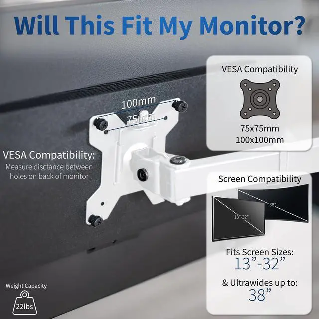 Alt view image 11 of 14 - Single Monitor Arm Desk Mount, Holds Screens up to 32 inch Regular and 38 inch Ultrawide, Fully Adjustable Stand with C-Clamp and Grommet Base, VESA 75x75mm or 100x100mm, White, STAND-V001W