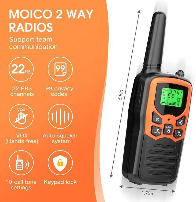 Alt view image 8 of 12 - Walkie Talkies with 22 FRS Channels Walkie Talkies for Adults with LED Flashlight VOX Scan LCD Display, Long Range Family Radios for Hiking Camping Trip (Orange, 4 Pack)