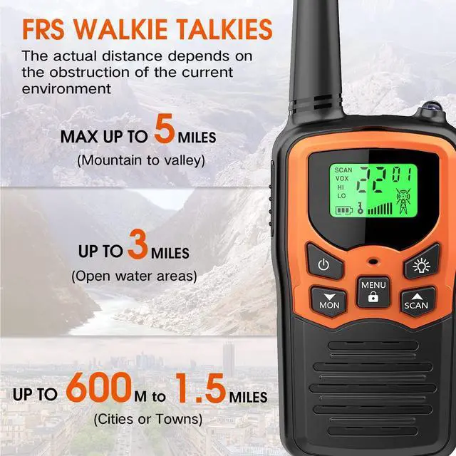 Alt view image 9 of 12 - Walkie Talkies with 22 FRS Channels Walkie Talkies for Adults with LED Flashlight VOX Scan LCD Display, Long Range Family Radios for Hiking Camping Trip (Orange, 4 Pack)