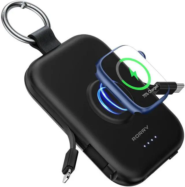 Alt view image 7 of 12 - Portable Charger, 5000mAh Portable Charger Power Bank with Built-in Cables, Travel Keychain Battery Pack for Apple Watch Ultra/11/10/9/8/7/6/SE, iPhone Air/17/16/15/14/13/12, Black