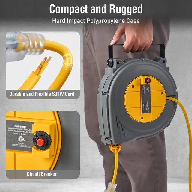 Alt view image 13 of 14 - 30 FT Retractable Extension Cord Reel, 16AWG/3C SJTW Power Cord Reel, 3 Electrical Outlets Triple Tap, 10A Circuit Breaker, Wall Mount/Ceiling Hanging for Workshop, Garage, ETL Listed