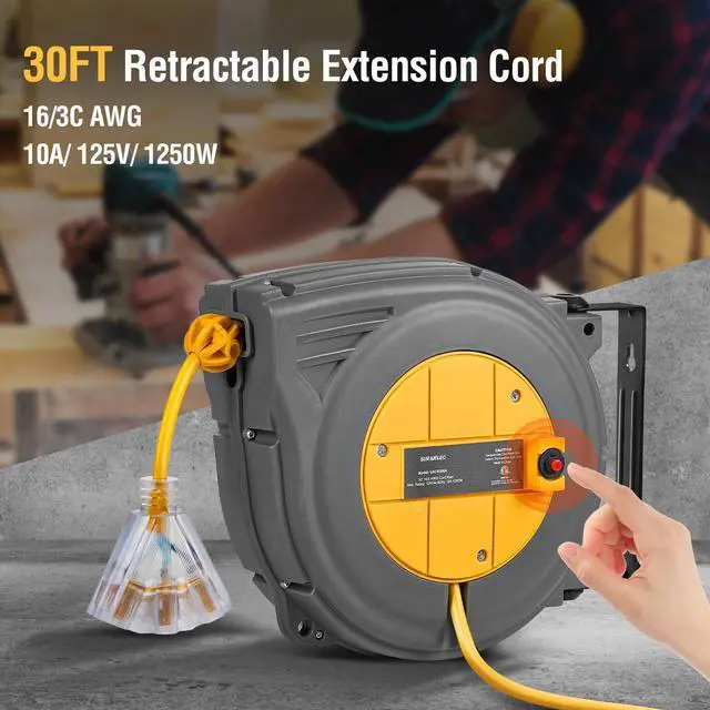 Alt view image 9 of 14 - 30 FT Retractable Extension Cord Reel, 16AWG/3C SJTW Power Cord Reel, 3 Electrical Outlets Triple Tap, 10A Circuit Breaker, Wall Mount/Ceiling Hanging for Workshop, Garage, ETL Listed