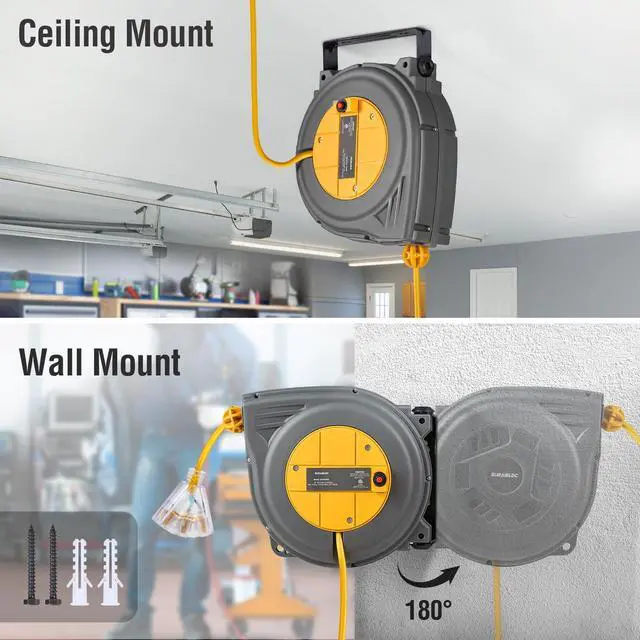 Alt view image 12 of 14 - 30 FT Retractable Extension Cord Reel, 16AWG/3C SJTW Power Cord Reel, 3 Electrical Outlets Triple Tap, 10A Circuit Breaker, Wall Mount/Ceiling Hanging for Workshop, Garage, ETL Listed