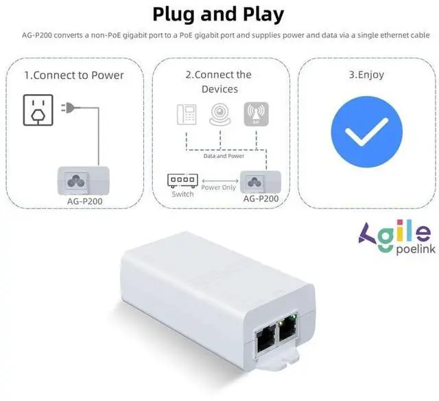 Alt view image 10 of 14 - Gigabit PoE+ Injector 30W IEEE802.3at/af Compliant, Supplies PoE(15.4W) or PoE+(30W) Power Over Ethernet Distances Up to 328ft, PoE Injector Adapter for Camera/Access Point/IP Phones, AG-P200