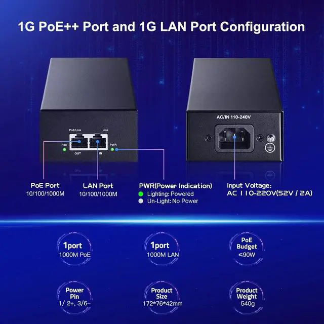 Alt view image 10 of 14 - Gigabit PoE Injector, 802.3af/at/bt 90W, 10/100/1000Mbps Ethernet, Plug & Play, Non-PoE to PoE Adapter, Distance Up to 100 Meters (328 ft.)