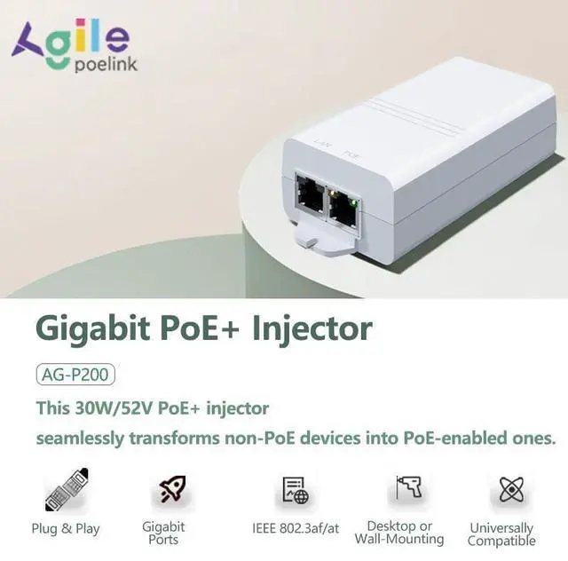 Alt view image 9 of 14 - Gigabit PoE+ Injector 30W IEEE802.3at/af Compliant, Supplies PoE(15.4W) or PoE+(30W) Power Over Ethernet Distances Up to 328ft, PoE Injector Adapter for Camera/Access Point/IP Phones, AG-P200