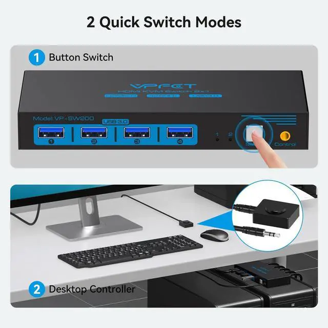 Alt view image 12 of 14 - Switch 1 Monitor 2 Computers 4K60Hz KVM Switches for 2 PC Share Single Monitor and 4 USB 3.0 Devices Such as Keyboard Mouse Printer with Desktop Controller and 2 USB Cables