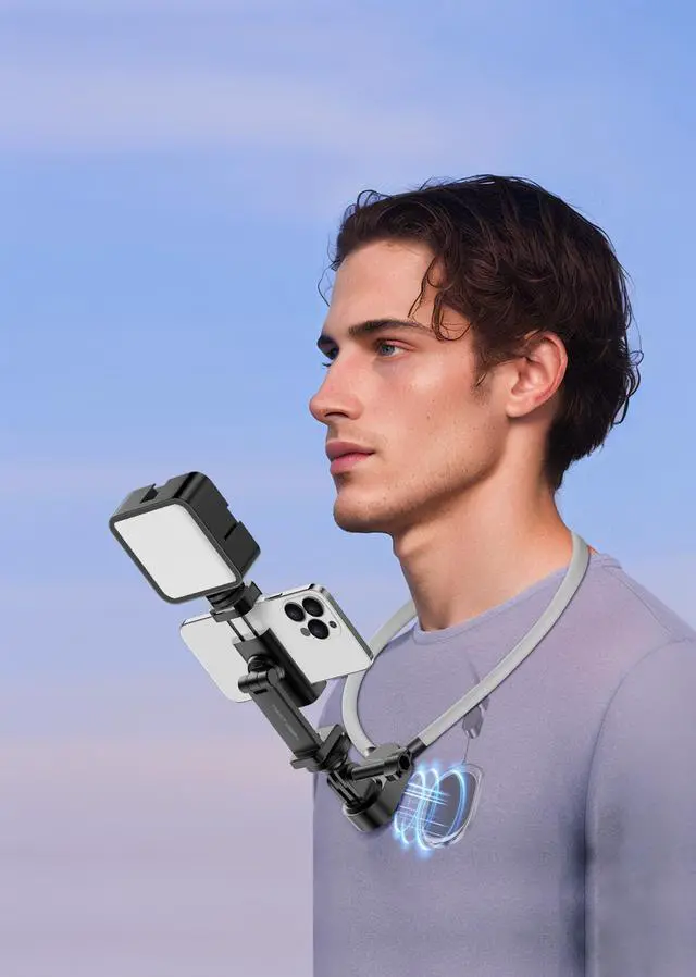 Alt view image 8 of 14 - Magnetic Neck Phone Holder with Light, Hands Free Selfie Tripod Chest Mount Filming for iPhone 16 Samsung GoPro DJI Insta360, Neck Phone Holder for Recording POV Video Vlog