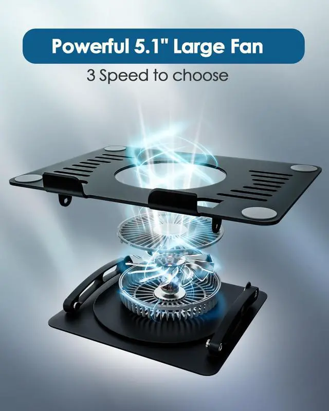 Alt view image 8 of 12 - Laptop Cooling Stand with 3 Speed Fan, Adjustable Height & Angle, 360 Rotation Base, Carbon Steel Framework, Ultra-Quiet & Super Sturdy for up to 16Laptop - Black