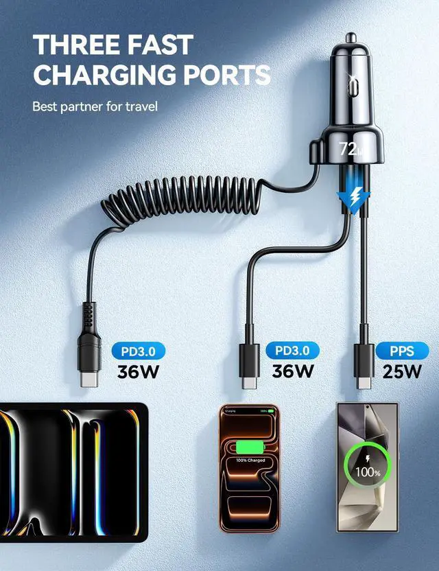 Alt view image 10 of 14 - 72W Car Charger USB C for iPhone 17/16, 36W Super Fast Charging Type C Coiled Cable for iPhone 17/16 Pro Max Plus/Samsung S25/S24/S23/Pixel 10 Car Phone Charger Adapter for Pixel/Android, iPad Pro