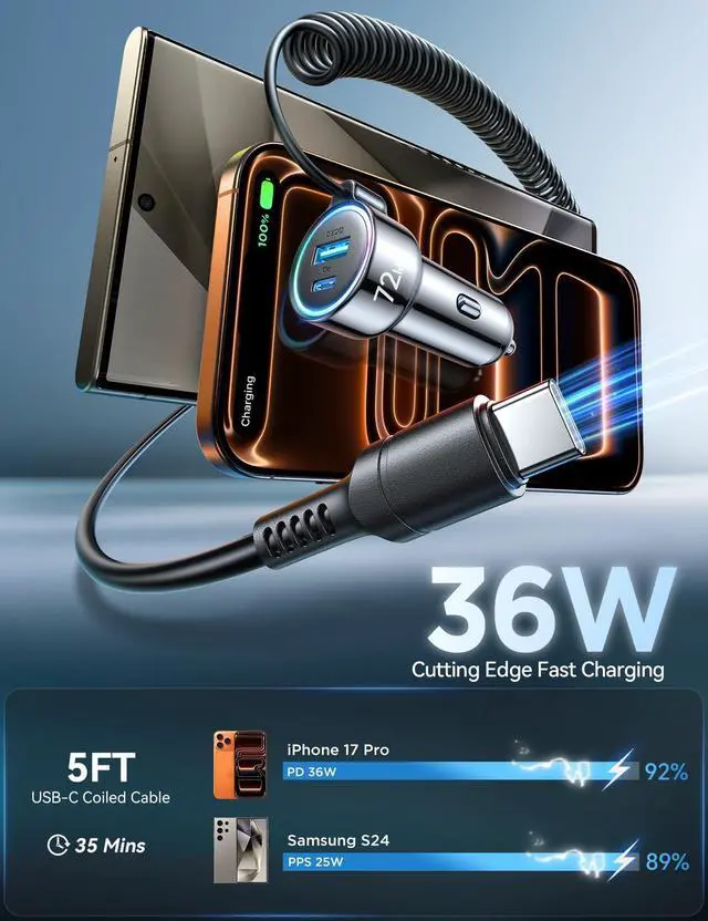 Alt view image 11 of 14 - 72W Car Charger USB C for iPhone 17/16, 36W Super Fast Charging Type C Coiled Cable for iPhone 17/16 Pro Max Plus/Samsung S25/S24/S23/Pixel 10 Car Phone Charger Adapter for Pixel/Android, iPad Pro