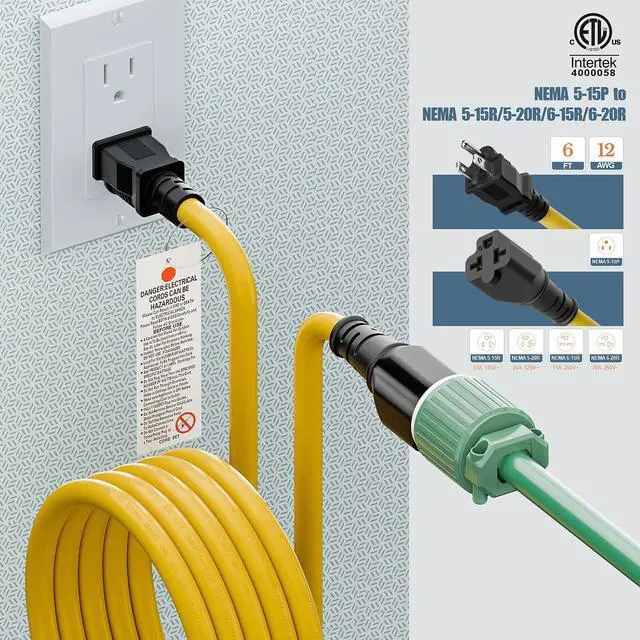 Alt view image 13 of 14 - 4 in1 NEMA 5-15P Extension Cord, 6FT NEMA 5-15P to 5-15R, 5-20R, 6-15R, 6-20R Adapter Cord, 15A to 20A AC Adapter Cable, 6FT 3 Prong Extension Cords