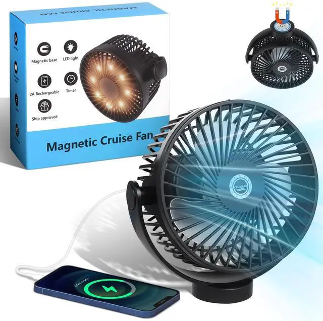 Alt view image 8 of 14 - Magnetic Cruise Fan with 8000mAh Rechargeable Battery, LED Light, Timer&Power Output, Magnetically Sticks on Cabin Ceilings and Walls, Ship Approved Cabin Air Circulator