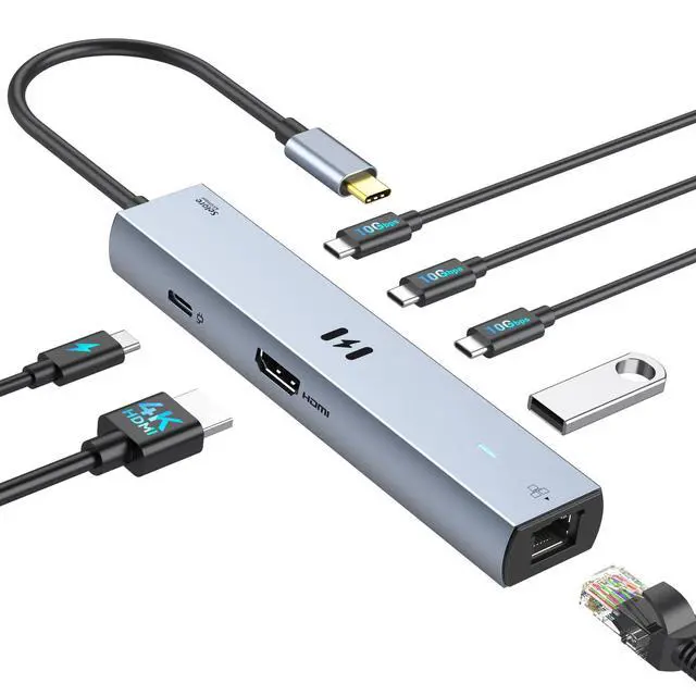 Alt view image 8 of 13 - 10Gbps USB C Hub Multiport Adapter, Ethernet Adapter with 4K@60Hz HDMI, Gigabit Ethernet, 3 USB C Ports, 100W PD, USBC Dongle for MacBook Pro Air, iPad, HP, Dell, etc