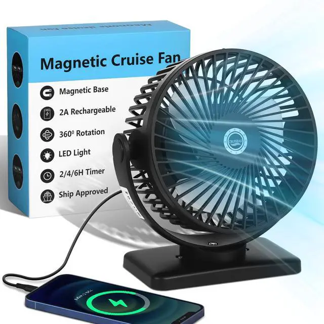 Alt view image 8 of 14 - 6 Inch Magnetic Fan 12000mAh Rechargeable Portable Fan with Strong Magnet Base, LED Light, 360° Rotation Head, Timer&Power Output, Perfect Cruise Essentials for All Major Cruises
