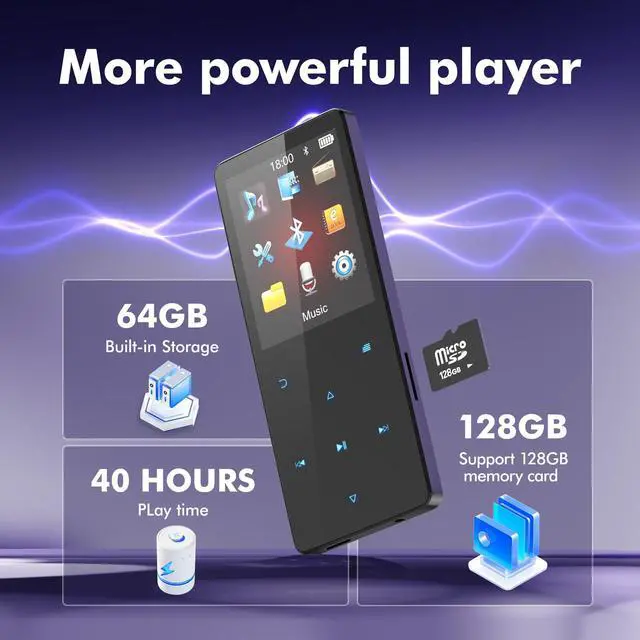 Alt view image 9 of 14 - 64GB MP3 Player with Bluetooth 5.3 Portable Music Player for Kids HiFi Sound Shuffle Single Loop Folder Loop Built-in Speaker Voice Recorder FM Radio Pedometer Supports Up to 128GB TF Card
