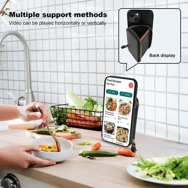 Alt view image 13 of 14 - RFID Blocking Wallet Case for iPhone 14 iPhone 13, Adjustable Crossbody Zipper Purse Case Card Holder with Kickstand Detachable Wrist Strap, PU Leather Flip Folio Case 6.1 Inch 5G (Black)