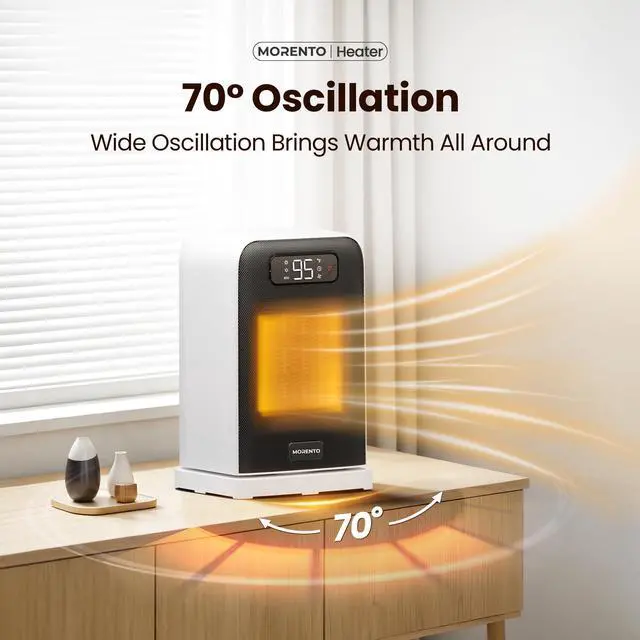 Alt view image 10 of 14 - Space Heater, 70° Oscillation, LED Display, 12H Timer, Thermostat, Overheat Protection, ECO, Small Space Heaters for Indoor Use, 1500W Ceramic, Heater for Bedroom, Office, Home (White, 1 Pack)